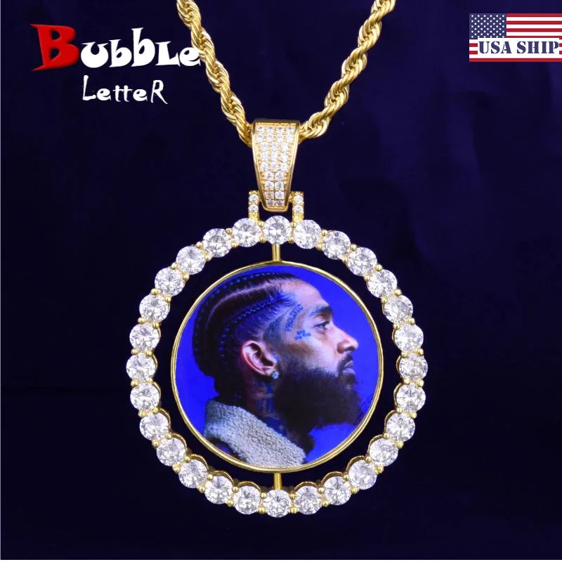 Custom Photo Necklace for Men Rotating Double-Sided Medallions Spinning Pendant Hip Hop Jewelry