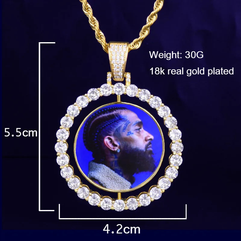 Custom Photo Necklace for Men Rotating Double-Sided Medallions Spinning Pendant Hip Hop Jewelry